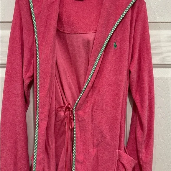 RALPH LAUREN Terry Cloth Bathrobe Hot Pink Green Gingham Womens Size XS Small - Picture 5 of 9
